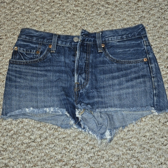 LEVI'S Premium 501 Shorts Button Fly High Rise denim BLUE frayed Women's Size W2 - Picture 6 of 7